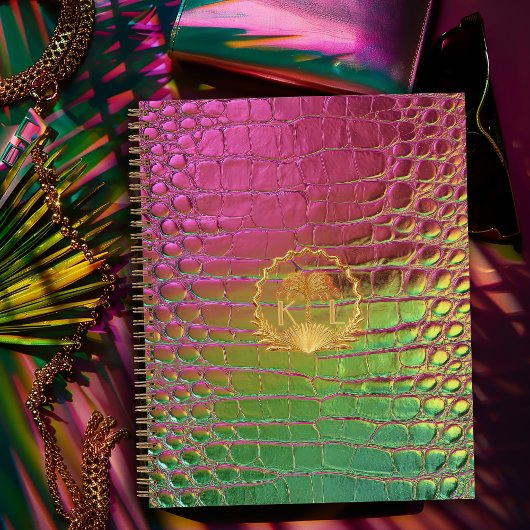 Carnet Croc Monogramme Iridescent Rose Vert Élégant