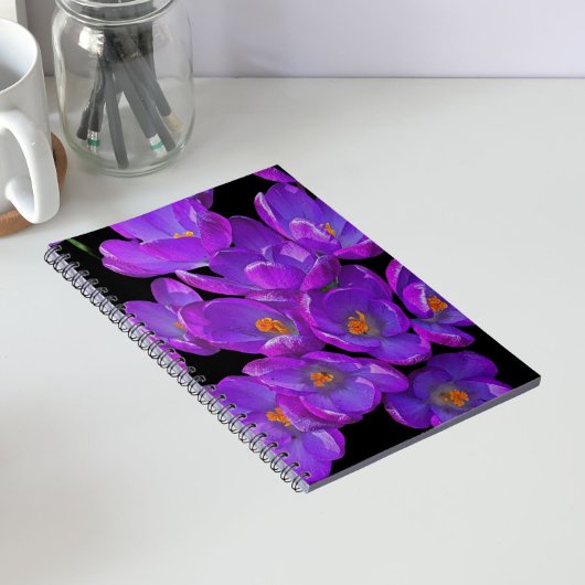 Carnet Crocus de printemps violets sur fond floral noir
