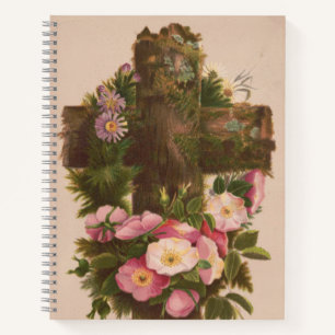 Carnet Croix rustique antique, roses sauvages, carte de P