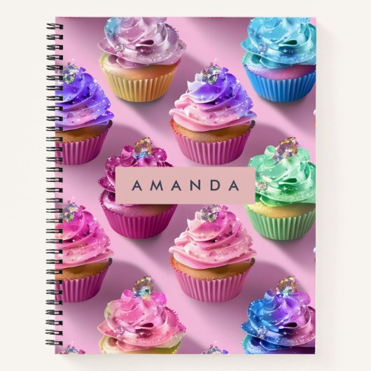 Carnet Cupcakes arc-en-ciel personnalisés avec paillettes (Devant)