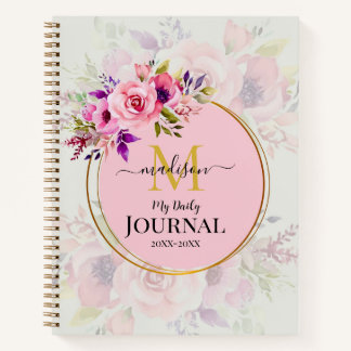 Carnet Custom Name & Initial Pink Watercolor Floral
