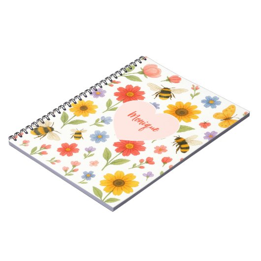 Carnet Customizable Pink Orange Floral and Bee Pattern  (Côté gauche)