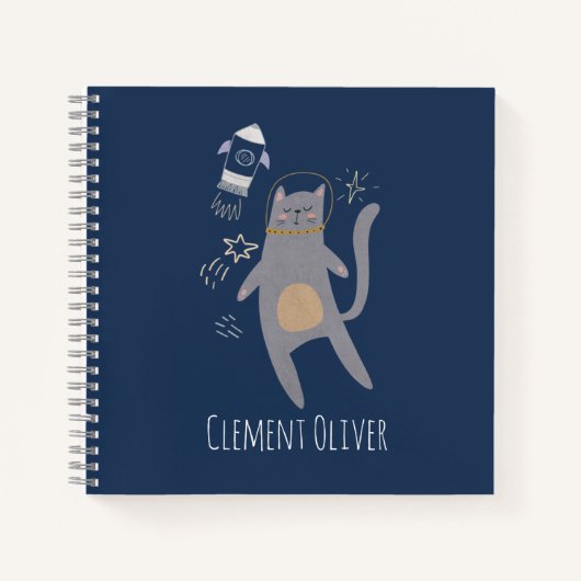 Carnet Cute Astronaut gris Chat Nom personnalisé (Devant)