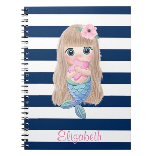 Carnet Cute Baby Mermaid Marine Bleu Stripes (Devant)