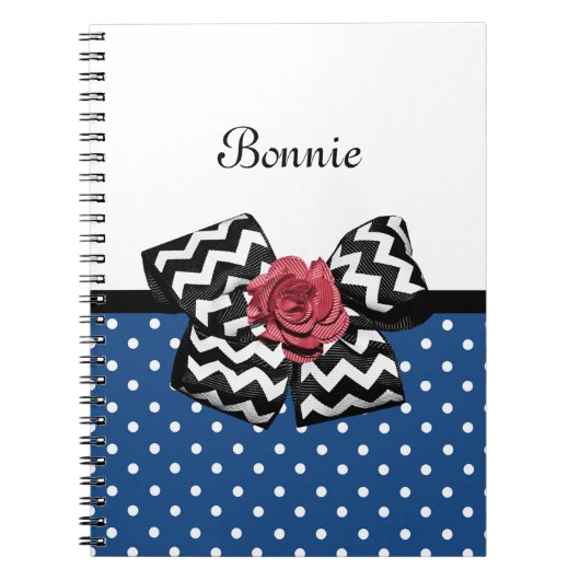 Carnet Cute Bleu Pois Rouge Rose Chevron Bow et nom (Devant)
