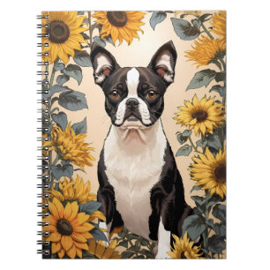 Carnet Cute Boston Terrier Yellow Sunflowers