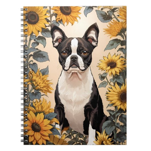 Carnet Cute Boston Terrier Yellow Sunflowers (Devant)