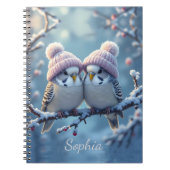 Carnet Cute budgies with bobble hats on a branch (Devant)