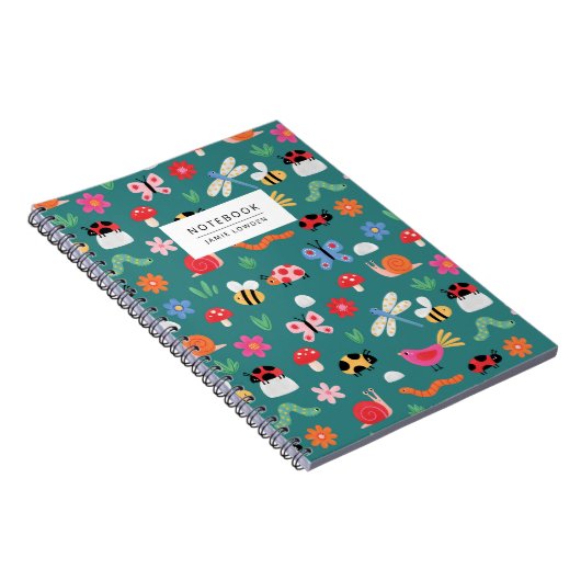 Carnet Cute Bug Pattern Notebook in Teal (Côté Droit)