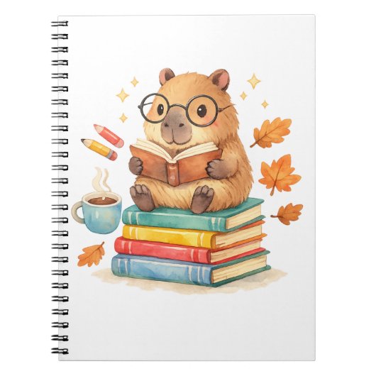 Carnet Cute Capybara Reading Books Watercolor (Devant)