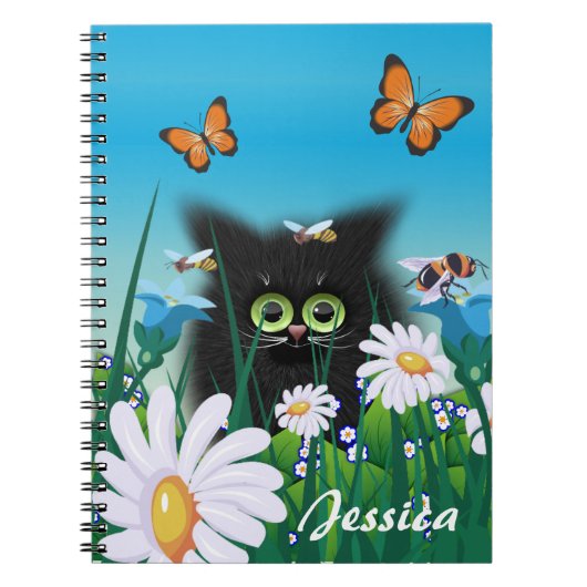 Carnet Cute chat noir Kitten avec marguerites Personnalis (Devant)