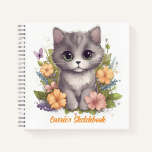 Carnet Cute chaton gris avec fleurs de printemps