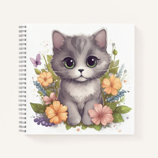 Carnet Cute chaton gris avec fleurs de printemps (Devant)