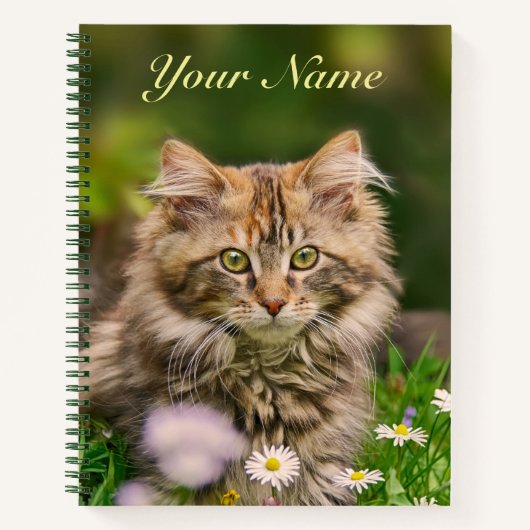 Carnet Cute Fluffy Maine Coon Kitten Chat en Fleurs Nom (Devant)