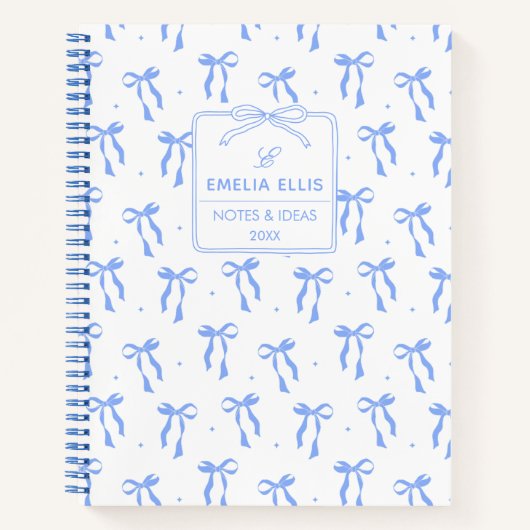 Carnet Cute Girly Blue and White Coquette Bows Monogram (Devant)