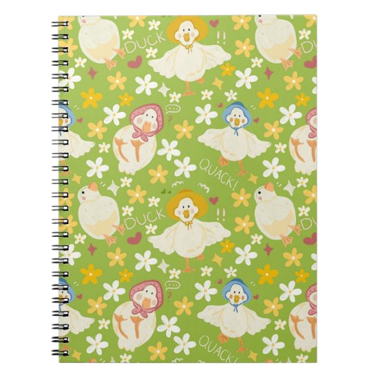 Carnet Cute Green Duck & Daisy Flower Seamless Pattern (Devant)