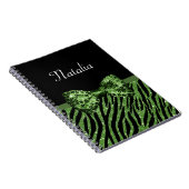 Carnet Cute Green Zebra Print FAUX Glitz Bow avec nom (Côté Droit)
