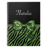 Carnet Cute Green Zebra Print FAUX Glitz Bow avec nom (Devant)