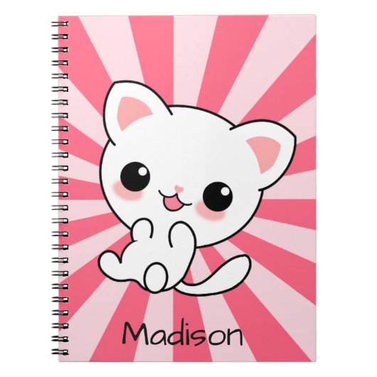 Carnet Cute kawaii Chat blanc Personnalisé rose (Devant)
