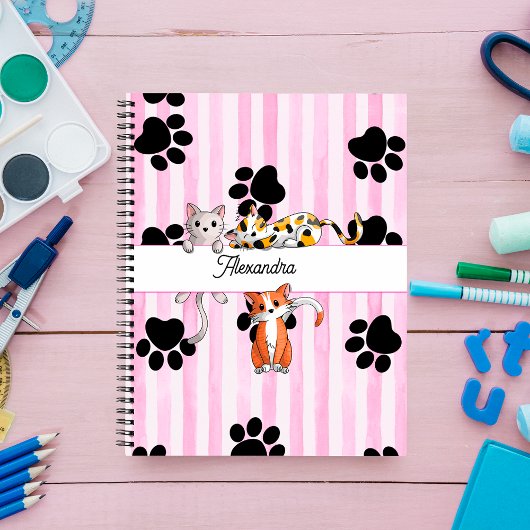 Carnet Cute Kittens & pattes, bandes roses Spiral