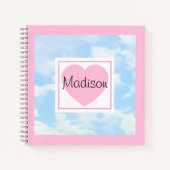 Carnet Cute Light Blue Cloudy Sky Pink Heart Custom Name (Devant)