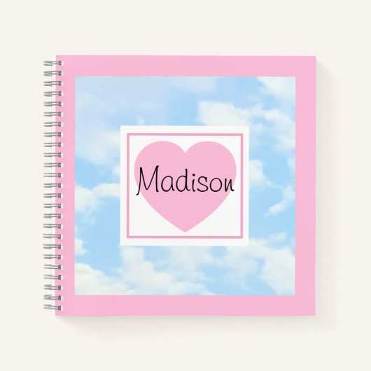 Carnet Cute Light Blue Cloudy Sky Pink Heart Custom Name (Devant)