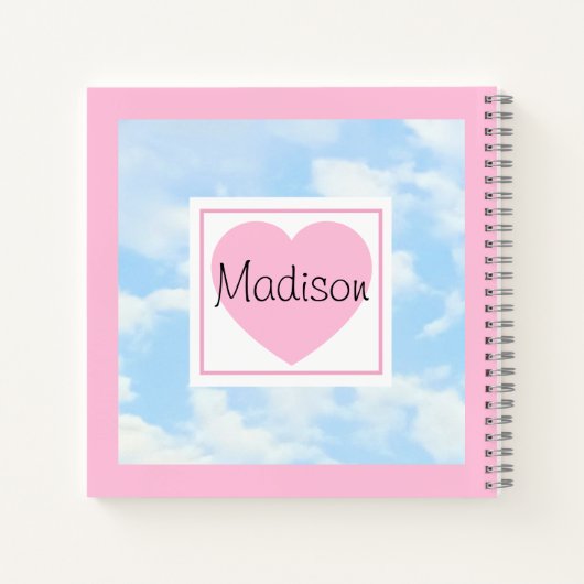 Carnet Cute Light Blue Cloudy Sky Pink Heart Custom Name (Dos)