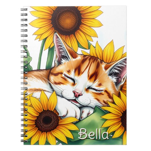Carnet Cute Napping Kitten and Sunflowers Personalized (Devant)