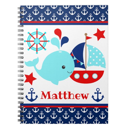 Carnet Cute Nautical Blue Whale et Ancres Motif (Devant)