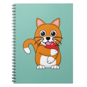 Carnet Cute Orange Blanc Chat Manger Rouge Pomme Carton