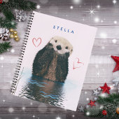 Carnet Cute Otter en Étang avec Arrière - plan rose et Co