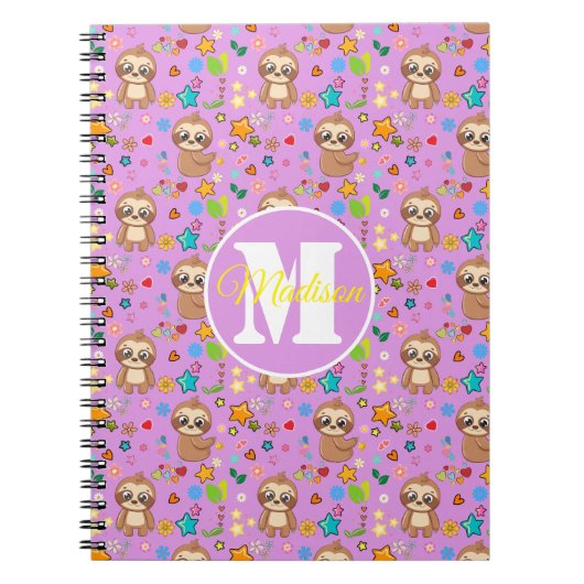 Carnet Cute Pink Floral Sloth Pattern Personalized (Devant)
