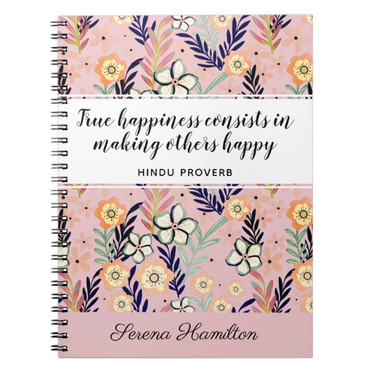 Carnet Cute Pink Happiness Quote Inspirational Floral Art (Devant)