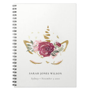 Carnet Cute rose Bourgogne Faux Or Floral Unicorne Enfant