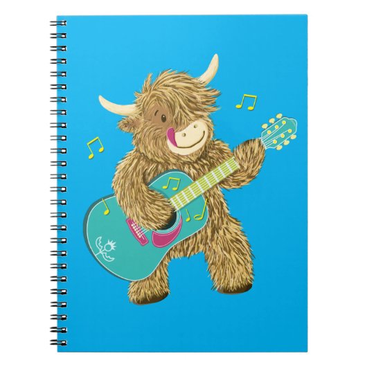 Carnet Cute Scottish Highland Cow joue de la guitare (Devant)