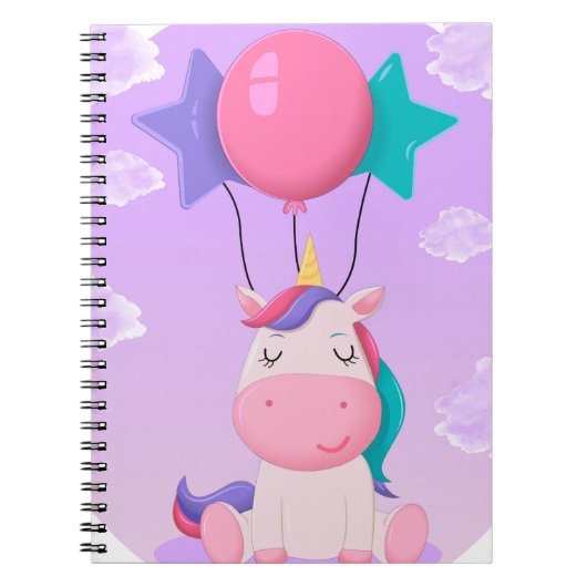 Carnet Cute Sitting Unicorn and Balloons Lilac (Devant)