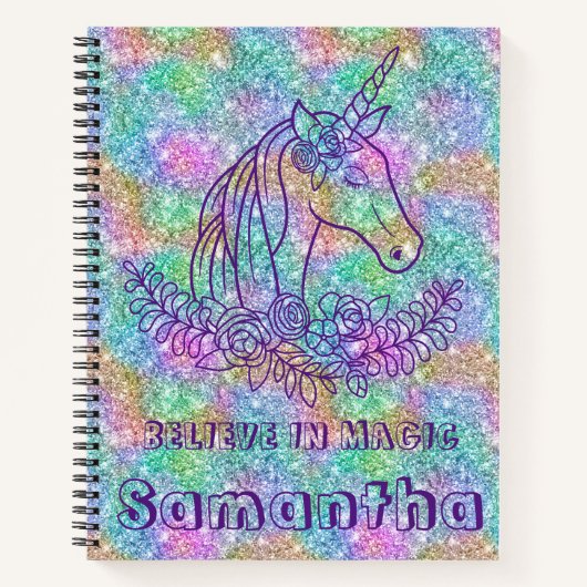 Carnet Cute Sparkling Unicorn Croire en Citation Magique (Devant)