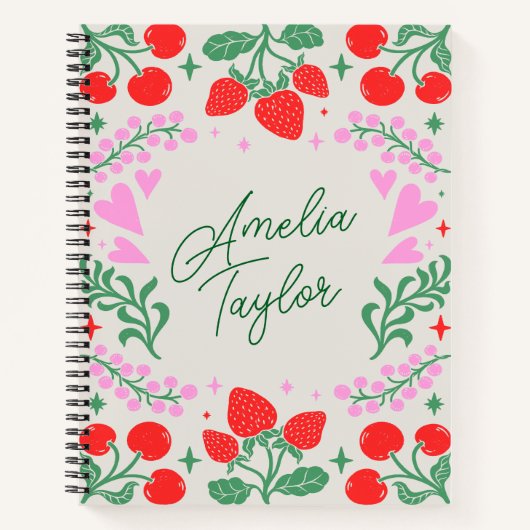 Carnet Cute Strawberry Cherry Aesthetic Personalized Name (Devant)
