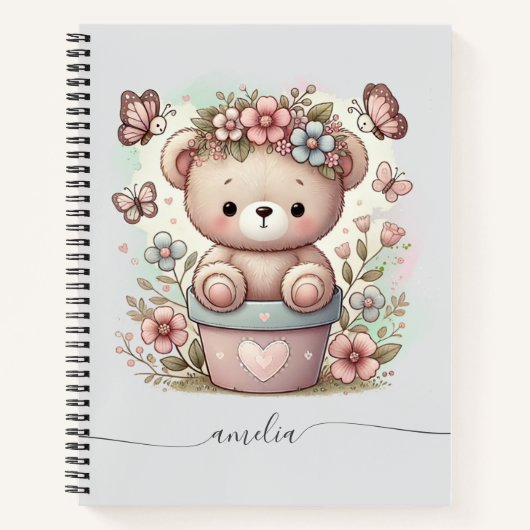 Carnet Cute Teddy Bear & Floral Custom Name (Devant)