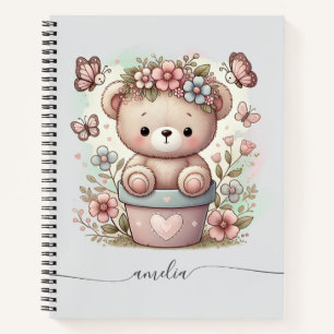 Carnet Cute Teddy Bear & Floral Nom personnalisé