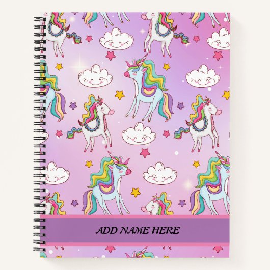 Carnet Cute Unicorn Rainbow Motif Nom personnalisable (Devant)