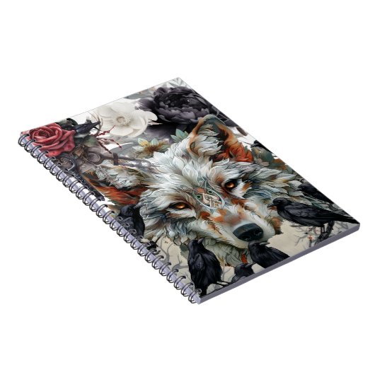Carnet Cute Unique Boho Wolf Raven & Florals Notebook (Côté Droit)