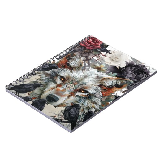 Carnet Cute Unique Boho Wolf Raven & Florals Notebook (Côté gauche)