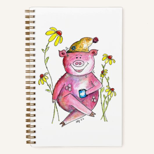 Carnet Cute Whimsical Cochon Boire Café (Recto)