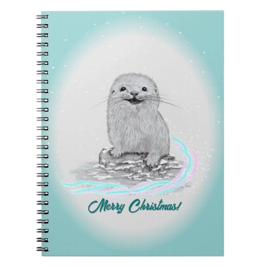 Carnet Cute White Baby Sea Otter , Merry Christmas (Devant)