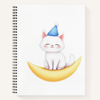 Carnet Cute White Kitten on Moon Spiral Notebook