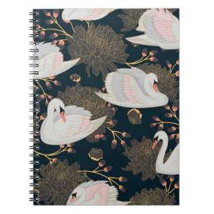 Carnet Cygnes et chrysanthèmes, motif naturel.