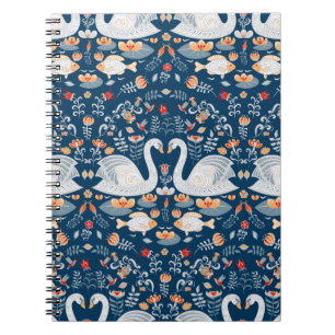 Carnet Cygnes, poissons, fleurs sur fond bleu. Décoratif