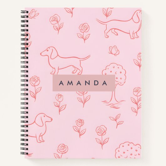 Carnet Dachshund rose personnalisé et Fleur (Devant)