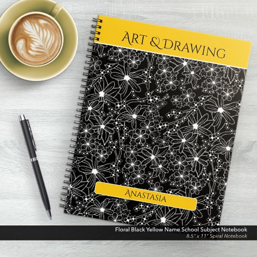 Carnet Daisy Fleur sauvage Black Yellow Nom de l'école Ob